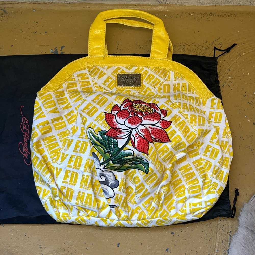 Vintage Ed Hardy Yellolw Purse/hand Bad With Flower Rhinestone
